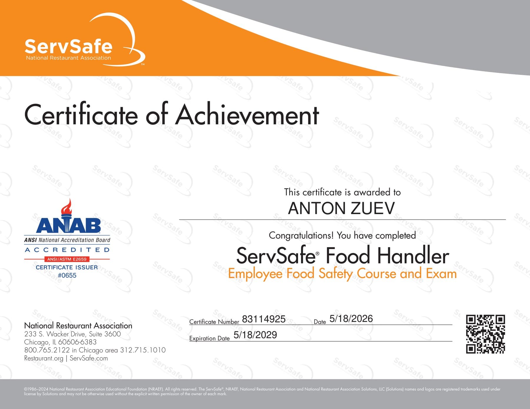 Preview of the chef's ServSafe Food Handler certificate