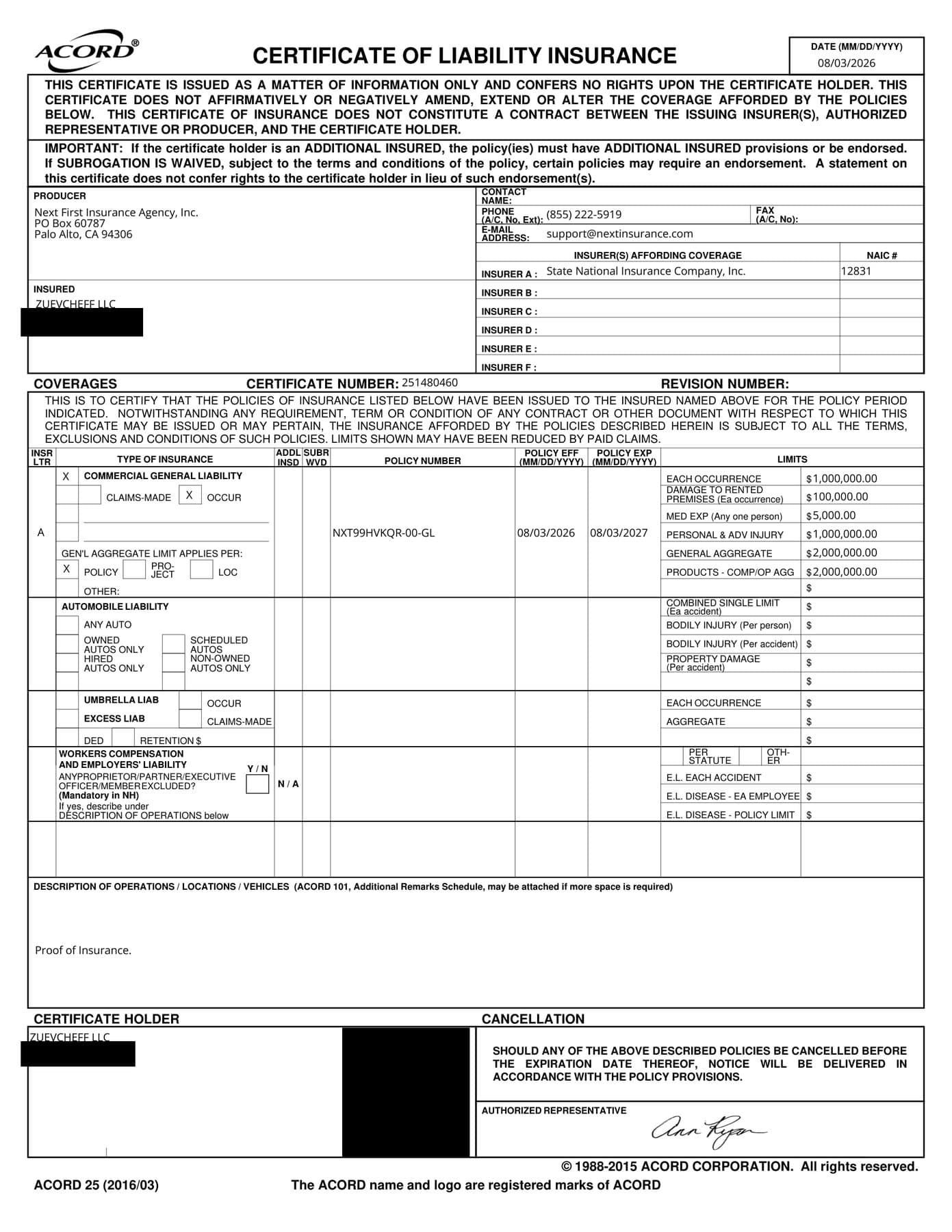 Preview of the business liability certificate of insurance (address details redacted for privacy)